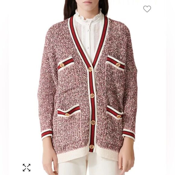 Maje Red Print Shimmer Boyfriend Cardigan